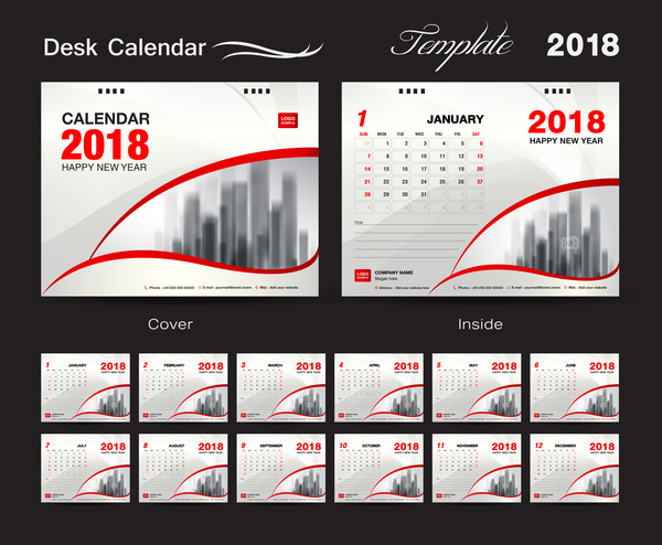 Desk Calendar 2018 template with red cover vector 06  