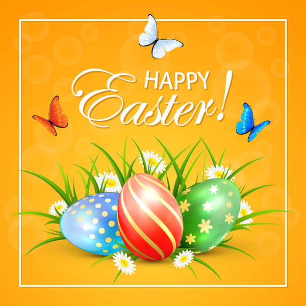 Easter eggs and butterflies on orange background vector  