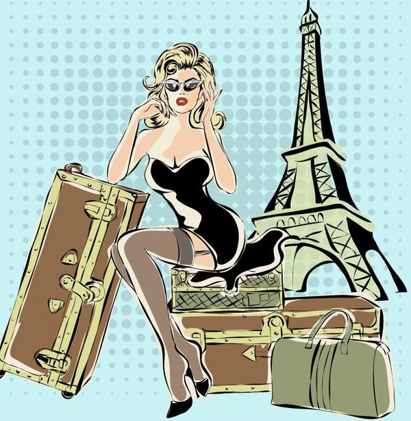 Fashion girl and eiffel tower hand drawing vector 06  