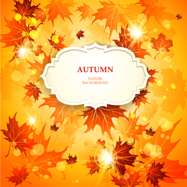 Gold autumn leaves background with white label vector  