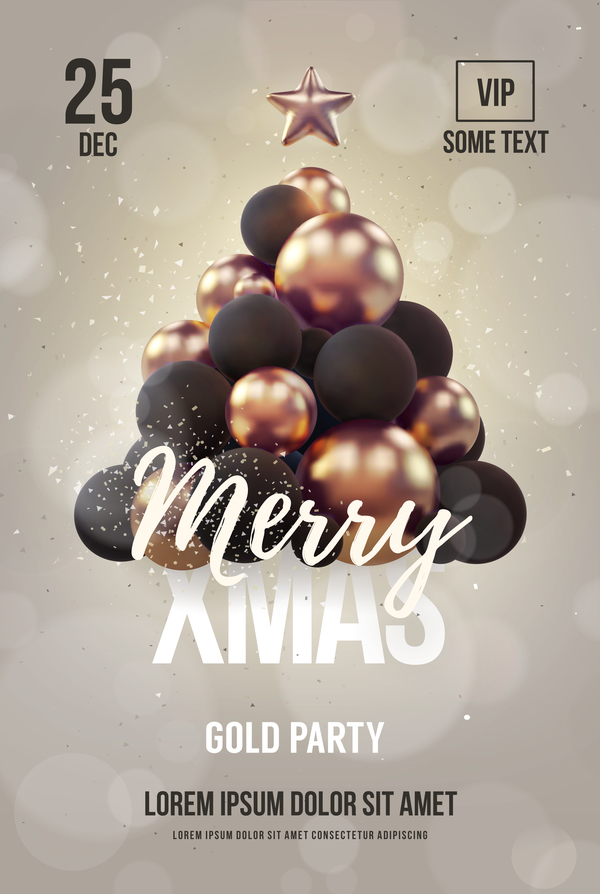 Gray xmas party flyer template with balloon christmas tree vector 01  