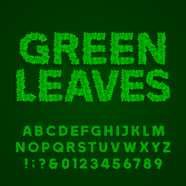 Green leaves alphabet with number vector  