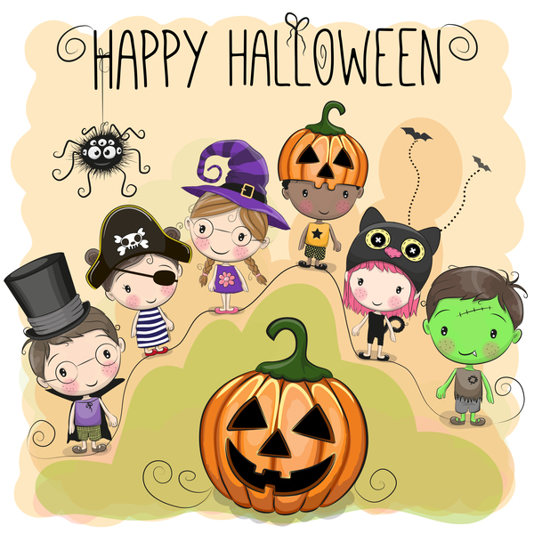 Éléments d'Halloween avec le vecteur de dessin animé mignon enfants 02  