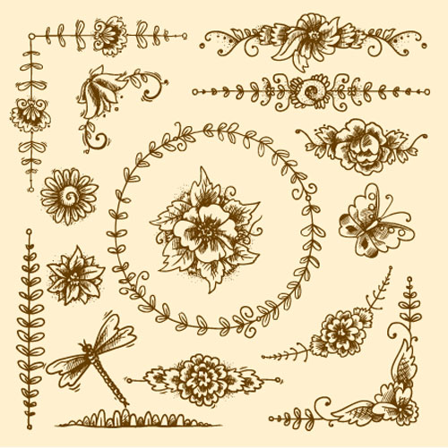 Hand drawn flower ornaments with butterfly and dragonfly vector  