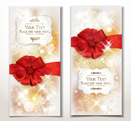 Holiday gift cards with ribbon bow vector 02  