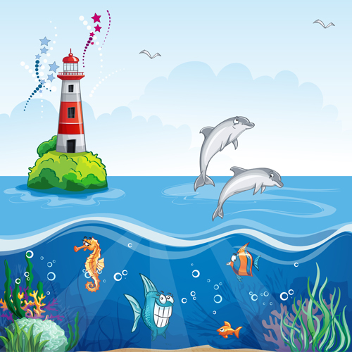 Sea with underwater world cartoon vector 01  
