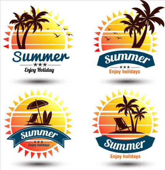 Summer holiday with palm labels vector set 01  