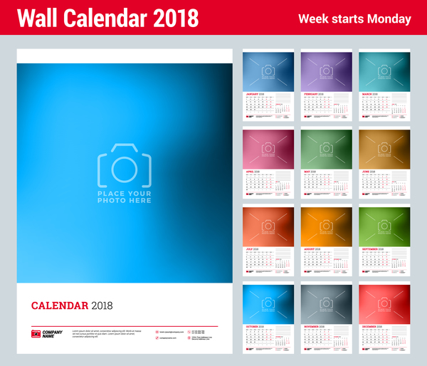 Wall 2018 calendar template vector 01  