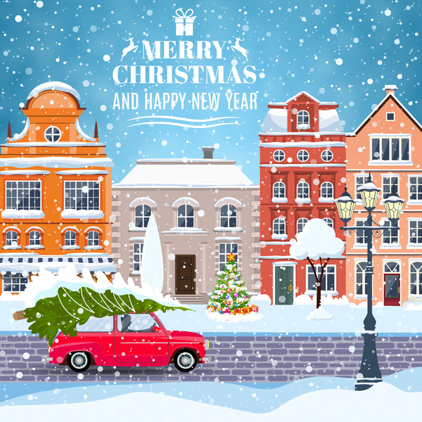 Winter City Street met Merry Christmas en Happy New Year vector 03  