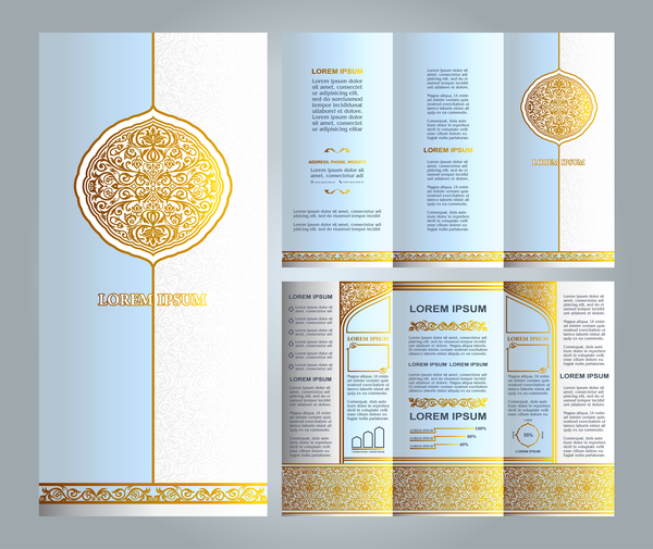 islamisk blommig broschyr ljusblå och guld vektor  
