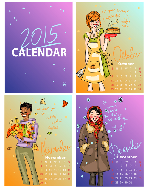 2015 calendar with girls vector material 02  