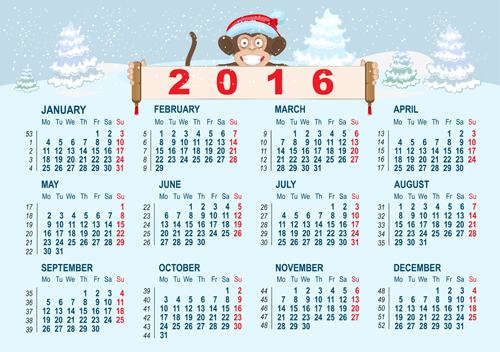 2016 monkey calendar with winter snow vector  