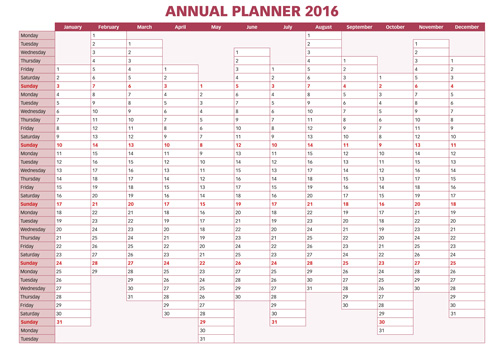 Annual planner 2016 calendar vectors 01  