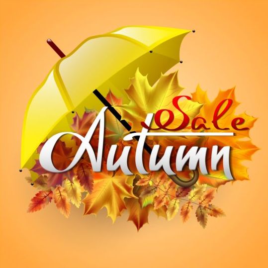 Herbstverkauf Hintergrund mit Blättern und Regenschirmvektor  