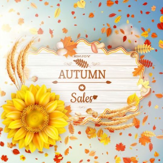 Herfst verkoop etiketten met zonnebloem en bladeren achtergrond vector 12  