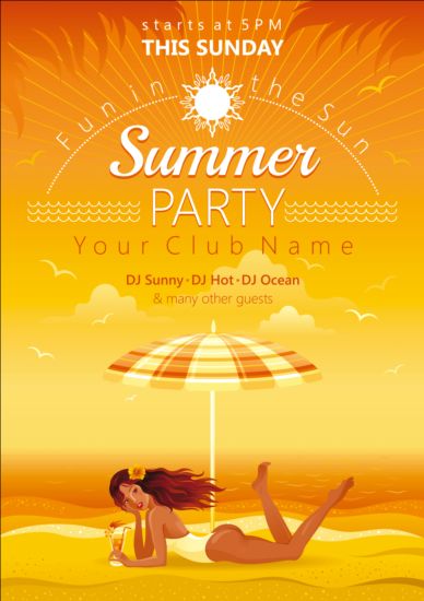 Strand-Party-Plakat mit schönen Mädchenvektor 06  