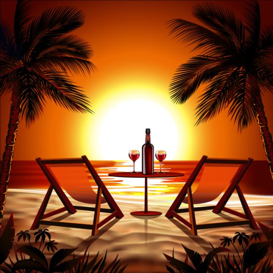 Fond de coucher de soleil de plage avec le vecteur de vin  