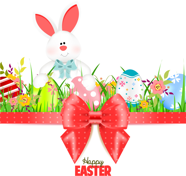 Bunny with easter card template and ribbon bow vector 03  