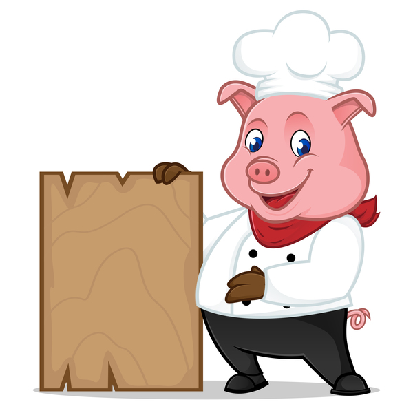 Caricature de cochon de chef avec le vecteur de planche de bois 01  