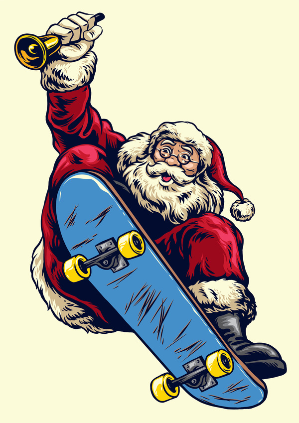Weihnachtsgrußkarte mit Weihnachtsmann-Fahrskateboardvektor 02  