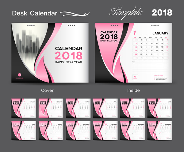 Conception de modèle de bureau calendrier 2018 avec vecteur de couverture rose 03  