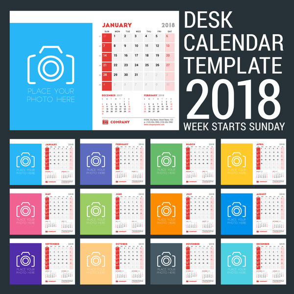 Tischkalender 2018 Vorlagenvektoren  