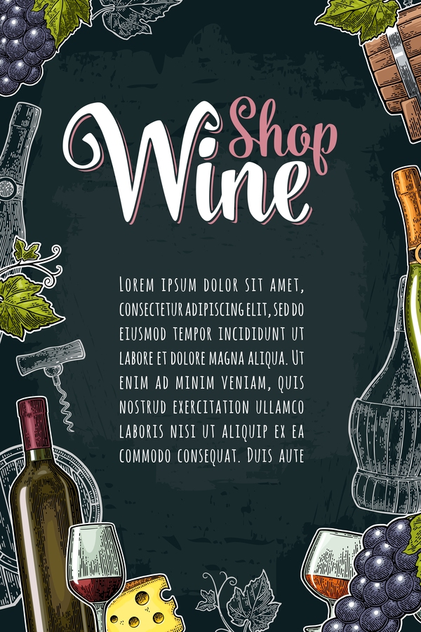 Hand drawn wine poster template with blackboard background vector 03  