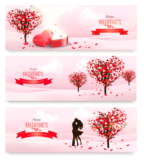 Heart tree with valentine day banners vector set  