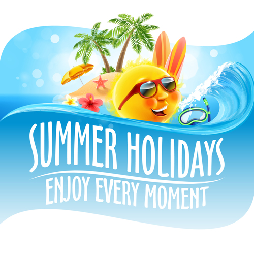 Hot summer holiday background with funny sun vector 06  