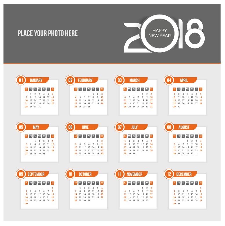 Kalenderschablonenvektoren orange 2018  