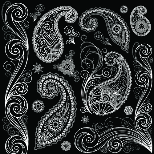 Set of black and white Paisley Pattern vector graphics 01  