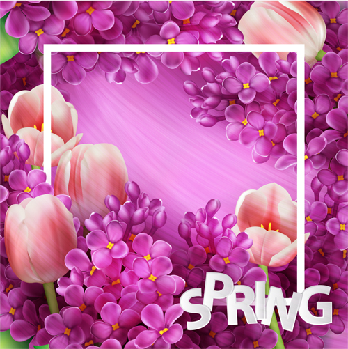 Purple lilac flowers and pink tulips background vector 04  