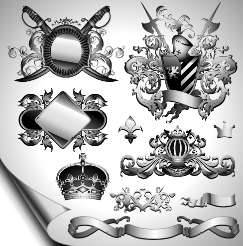 Vintage black and white badge with heraldry vector set 04  