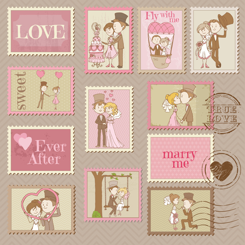 Wedding with love postage stamps vintage vector 02  