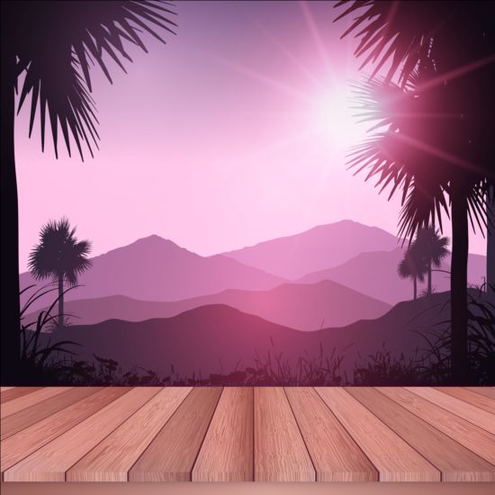 Holzdeck mit tropischem Landschafts-Hintergrundvektor  