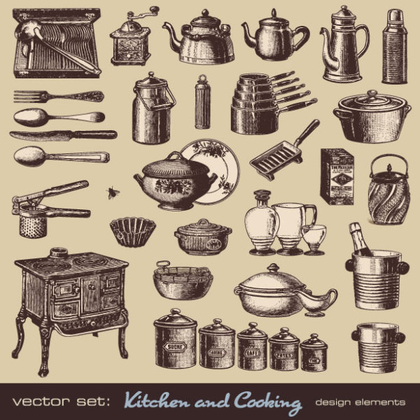 vector Set of Retro kitchen and cooking 01  