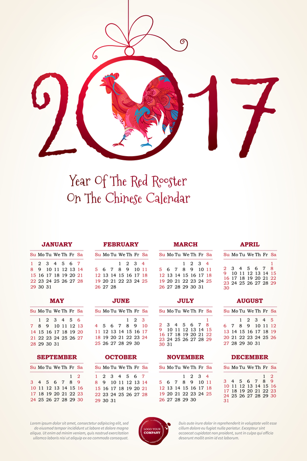 2017 중국 달력와 빨간 닭 벡터 02  