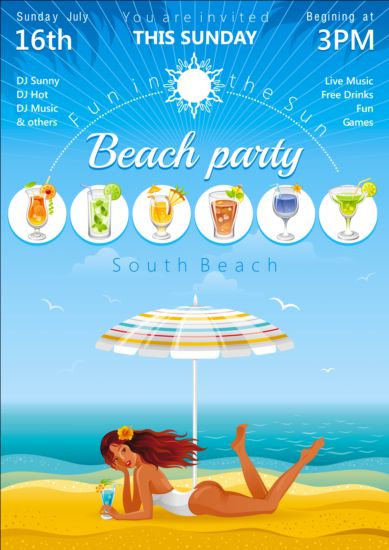 Beach party poster with beautiful girl vector 05  