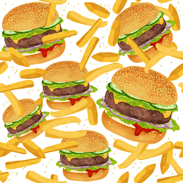 Burger and fries seamless pattern vector  