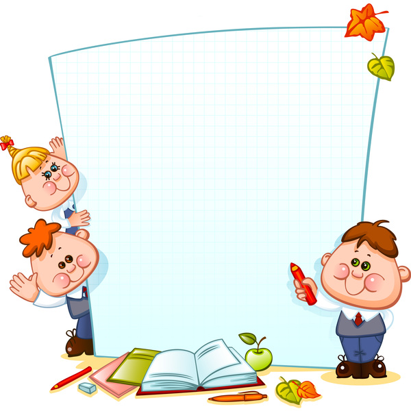 Cartoon school children with blank paper vector 06  