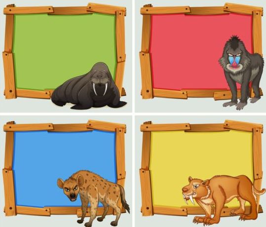 Gekleurde houten frame met wilde dieren vector 02  