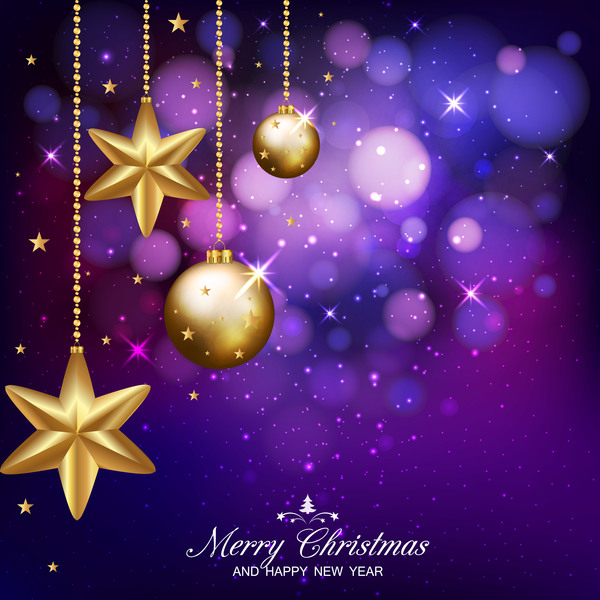クリスマス ゴールデン ボールと星のベクトルを持つ暗い紫色のクリスマス背景  