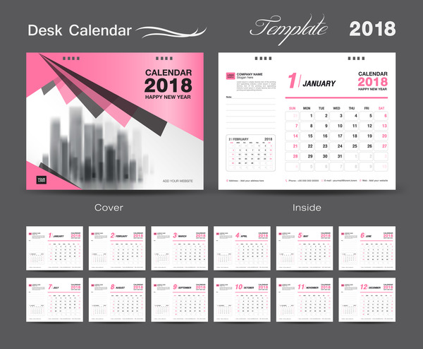 デスクカレンダー2018テンプレートデザイン、ピンクカバーベクトル12  