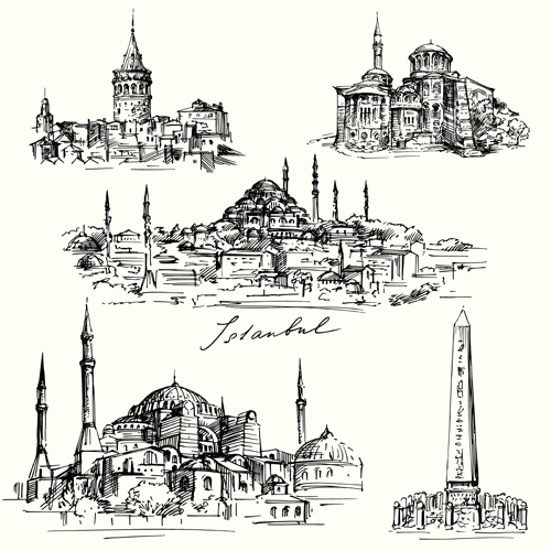 Famous cities buildings hand drawn vector 05  