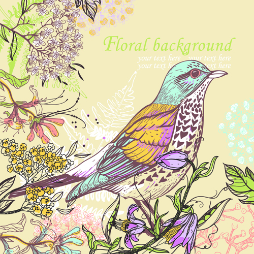 Hand drawn Floral Backgrounds with Birds vector 06  