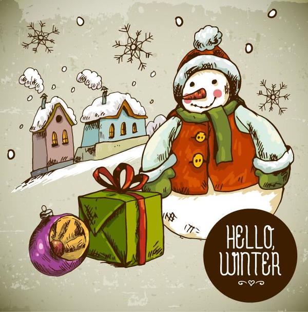 Bonhomme de neige dessiné main avec vecteur de cadeau boîte de Noël  