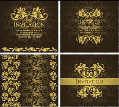 Ornate gold ornament invitation card background vector 03  