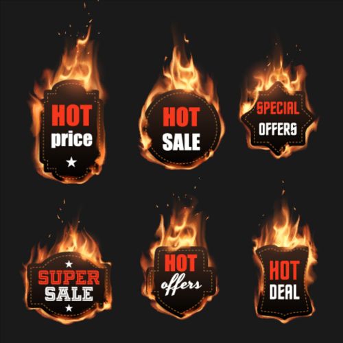 Realistic fire with sale labels vector 02  