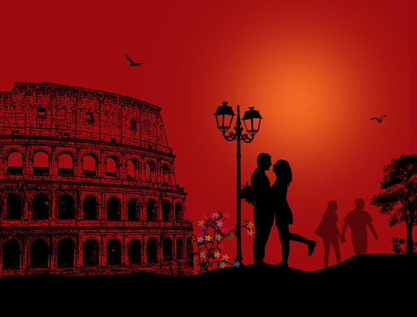 로마 일몰와 낭만적 인 커플 여행 벡터 01  