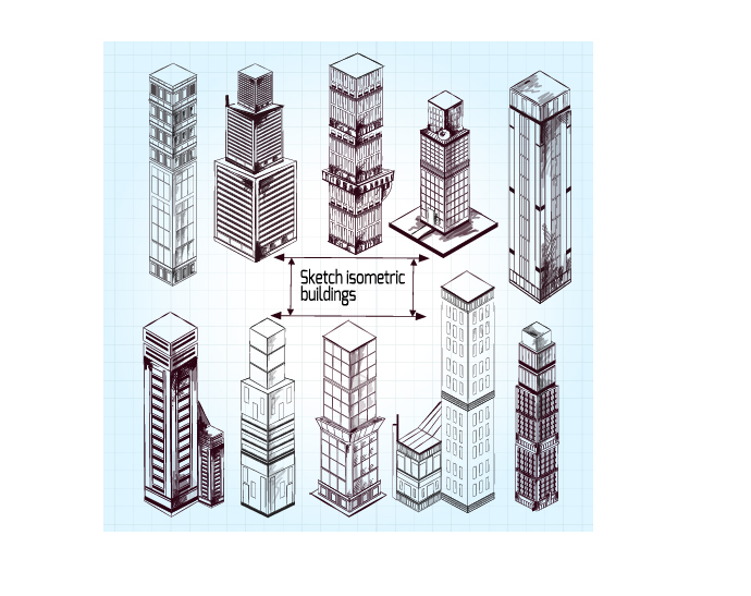 Sketch isometric buildings vector material  